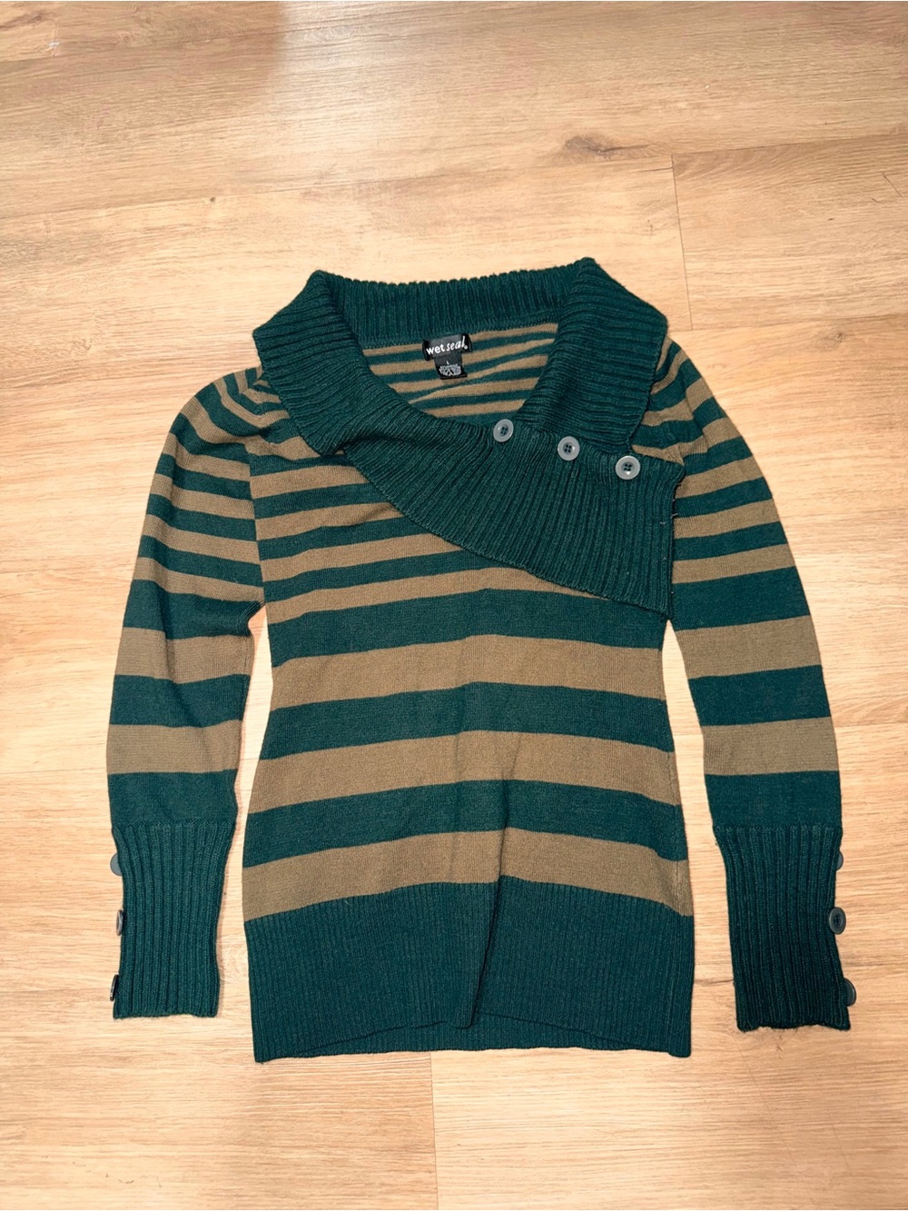 Wet Seal Green and Tan Striped Asymmetrical Button Collar Sweater